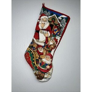 Vintage Quilted Cotton Santa Claus Christmas Stocking Santa Elves Nostalgic Toys
